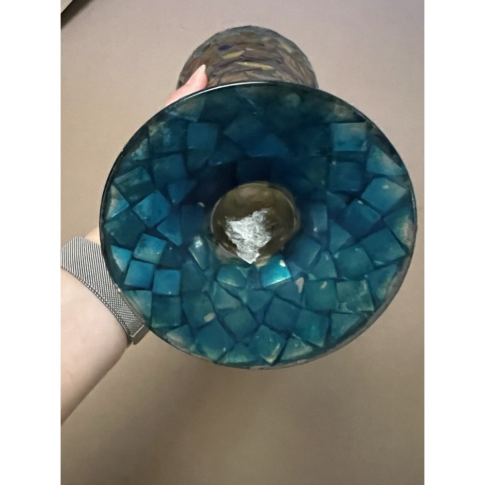 Mosaic Glass Footed Trumpet Vase Gold Blue Multicolor Decorative Freestanding - Picture 3 of 4